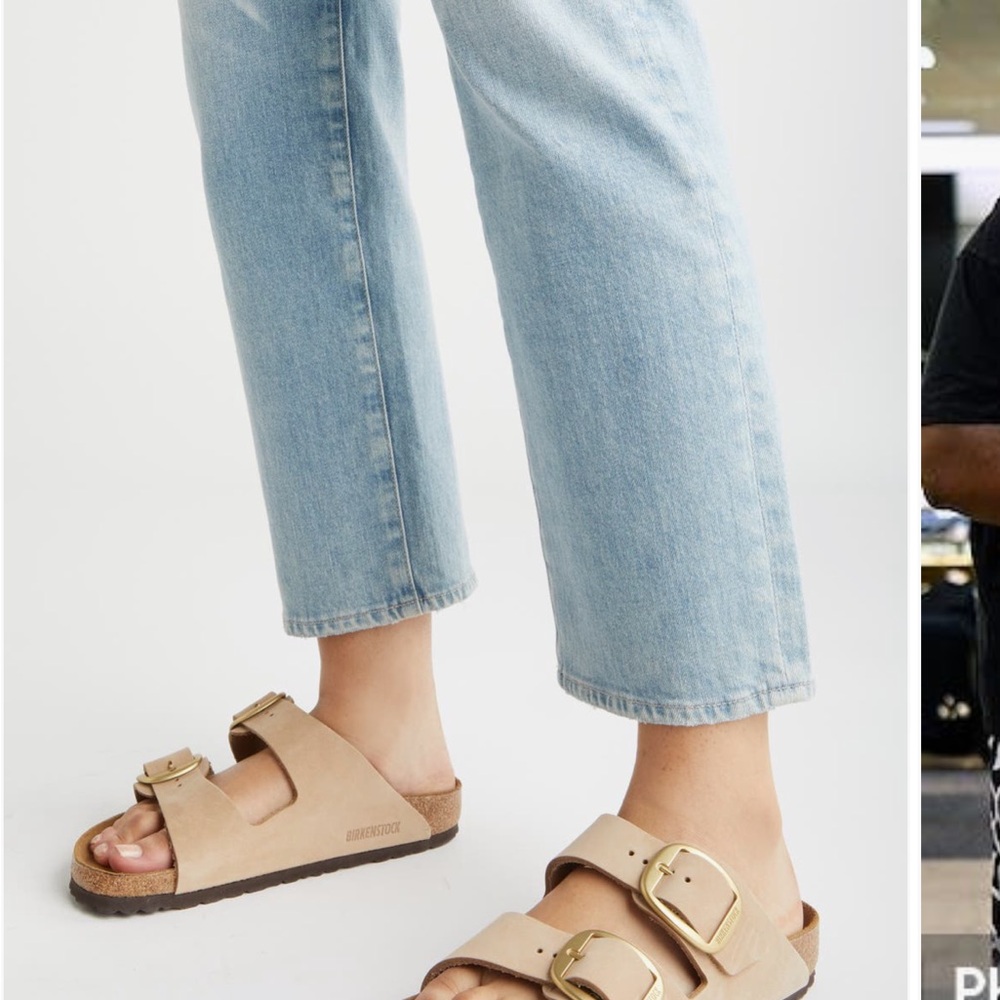 Birkenstock Big Buckle Arizona Sandcastle Beige Slides with Gold Buckles